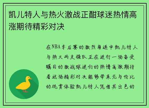 凯儿特人与热火激战正酣球迷热情高涨期待精彩对决