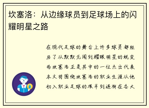 坎塞洛：从边缘球员到足球场上的闪耀明星之路
