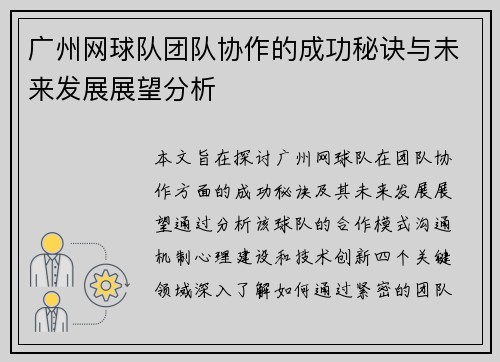 广州网球队团队协作的成功秘诀与未来发展展望分析