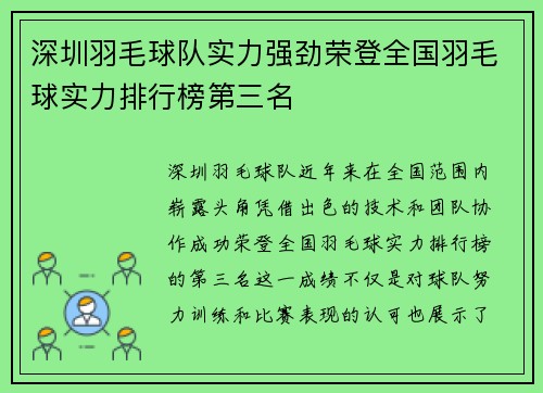 深圳羽毛球队实力强劲荣登全国羽毛球实力排行榜第三名