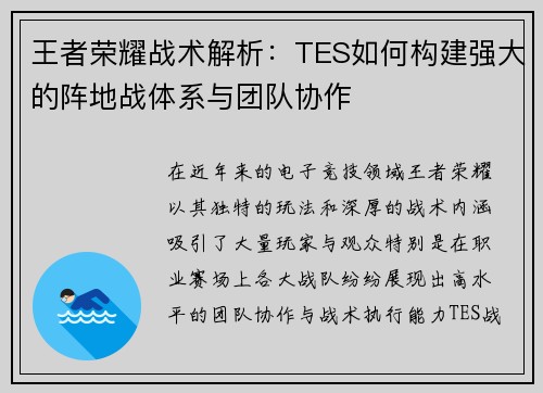 王者荣耀战术解析：TES如何构建强大的阵地战体系与团队协作