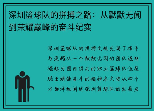 深圳篮球队的拼搏之路：从默默无闻到荣耀巅峰的奋斗纪实