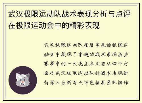武汉极限运动队战术表现分析与点评在极限运动会中的精彩表现