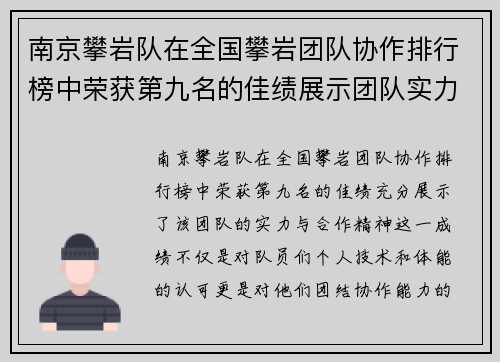 南京攀岩队在全国攀岩团队协作排行榜中荣获第九名的佳绩展示团队实力