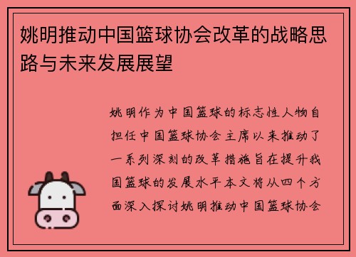 姚明推动中国篮球协会改革的战略思路与未来发展展望