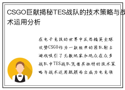 CSGO巨献揭秘TES战队的技术策略与战术运用分析