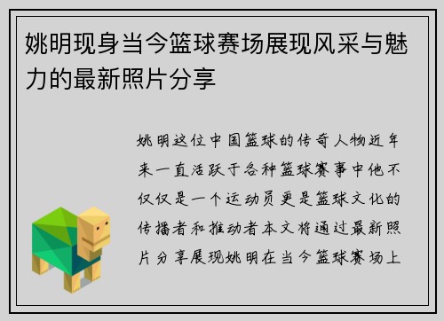 姚明现身当今篮球赛场展现风采与魅力的最新照片分享