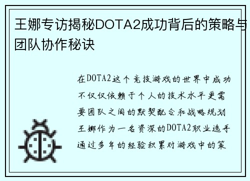 王娜专访揭秘DOTA2成功背后的策略与团队协作秘诀