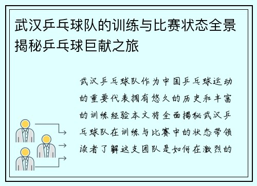 武汉乒乓球队的训练与比赛状态全景揭秘乒乓球巨献之旅