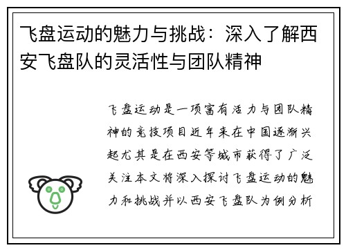 飞盘运动的魅力与挑战：深入了解西安飞盘队的灵活性与团队精神