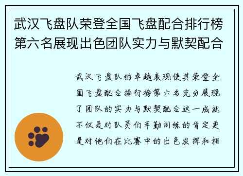 武汉飞盘队荣登全国飞盘配合排行榜第六名展现出色团队实力与默契配合