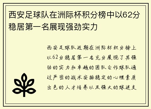 西安足球队在洲际杯积分榜中以62分稳居第一名展现强劲实力